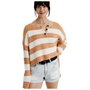 American Eagle Sweater M Tan White Stripe Henley Ribbed Cropped Knit Pullover